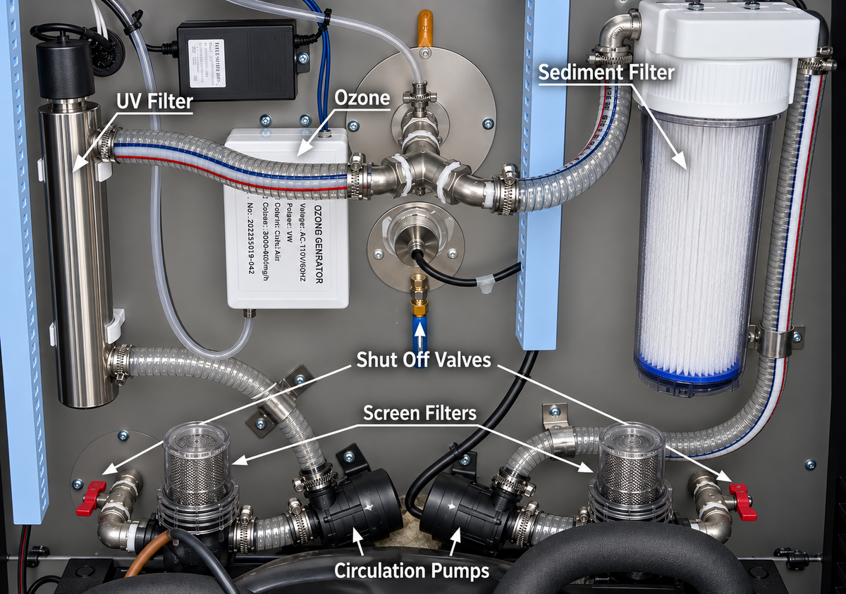 Commercial-systemets UV, ozon, filter, ventiler, hårsilar och dubbla pumpar